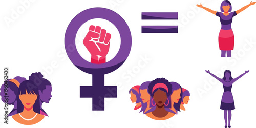 This powerful vector illustration highlights the global movement for women's rights and gender equality, depicting diverse women united in strength and solidarity.