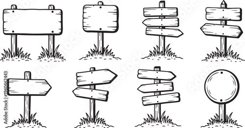 Wooden Signpost Icons, Directional Signs, Blank Boards, Vector Signs