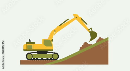 Yellow Excavator Digging Earth on a Sloped Ground with Brown Soil Texture