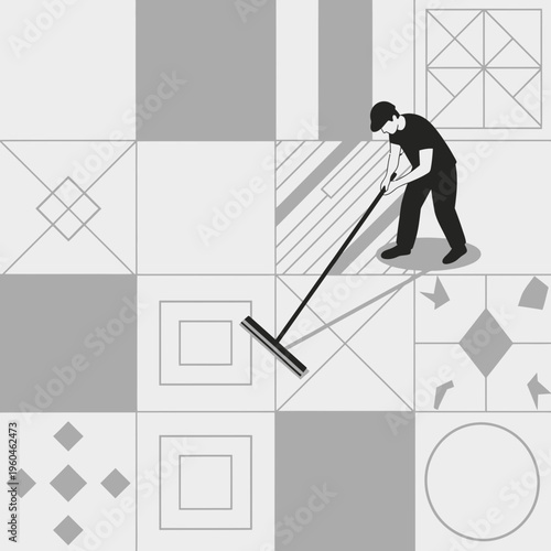 Worker Polishing Diverse Floor Tile Patterns With Squeegee Tool Illustration