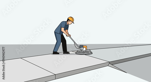 Worker Polishing Concrete Surface With Rotary Trowel Machine For Smooth Finish