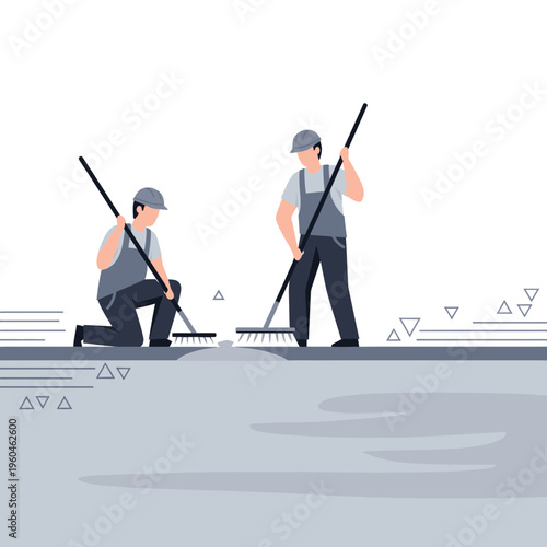 Workers Cleaning And Maintaining Urban Public Spaces With Rakes