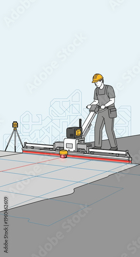 Worker Uses Laser Screed Machine For Concrete Floor Leveling Precision Construction