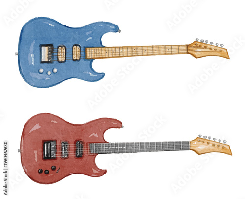 Watercolor blue and red electric guitar isolated on white background