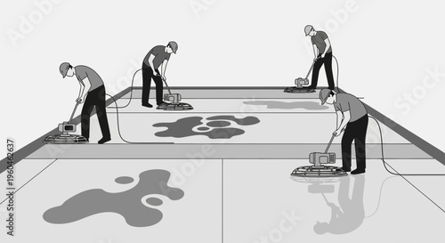 Workers Polishing Concrete With Power Trowel Machines On Construction Site