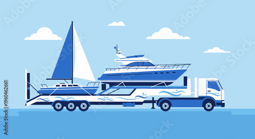 Yachts Being Transported By Truck Across The Water On A Trailer