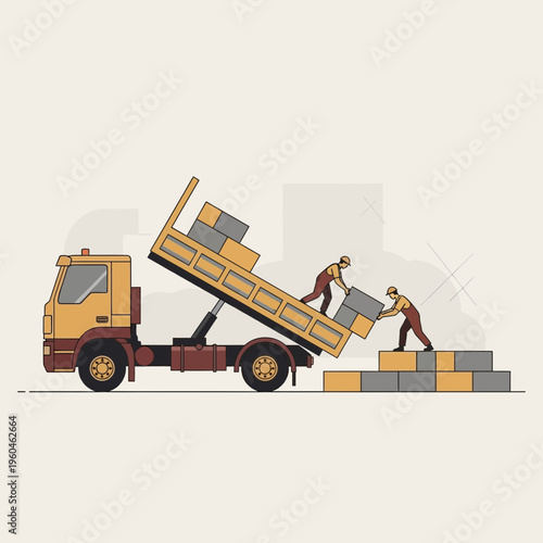Workers Unloading Construction Materials From Tipper Truck Site Development