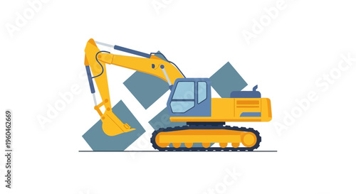 Vibrant Yellow Excavator Industrial Machine On Geometric Background