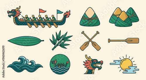 Flat vector icon set of Dragon Boat Festival elements: dragon boat, zongzi, bamboo leaves, paddles, waves, clean outline style, consistent stroke width