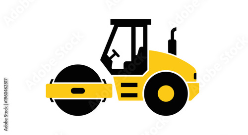 Vibrant Yellow Road Roller Graphic Industrial Vehicle Illustration