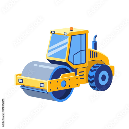 Vibrant Yellow Road Roller Machine Construction Equipment Flat Design
