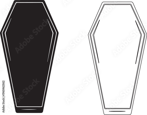 Coffin icons, black and white vector coffins, Halloween symbols, funeral vector graphics