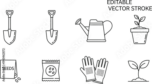 Collection of essential black and white outline icons representing various tools and elements for successful springtime gardening projects.