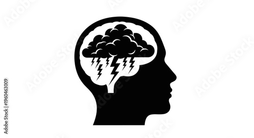 Human Head Silhouette with Storm Cloud and Lightning Inside Brain, Mental Health Crisis, Emotional Stress and Depression Awareness Illustration, Psychological Pressure and Brainstorming Concept