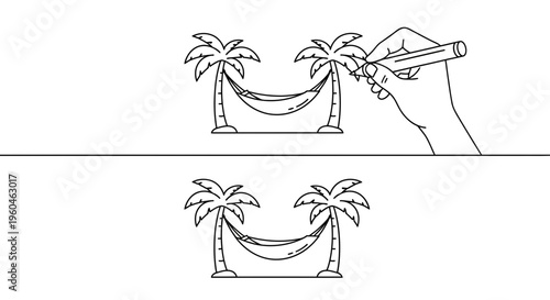 Artistic rendition of a tranquil tropical getaway being drawn by a skilled hand illustrating