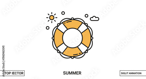 Minimalist summer safety illustration featuring a lifebuoy, sun, and cloud for aquatic activities