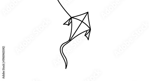 Minimalist black outline drawing of a classic kite flying with its tail on a white background