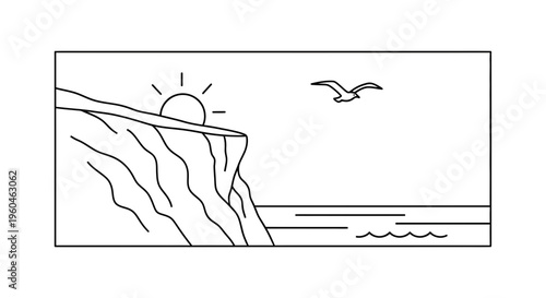 Serene line art illustration of a tranquil sunrise over rugged ocean cliffs with a solitary