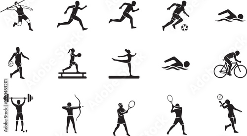 Sports icons, athletic silhouettes, fitness illustrations, 16 action figures