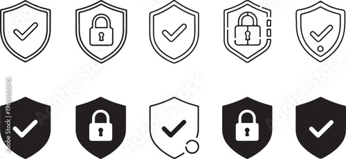 Security icons, shield symbols, lock and checkmark graphics, safety signs, vector set