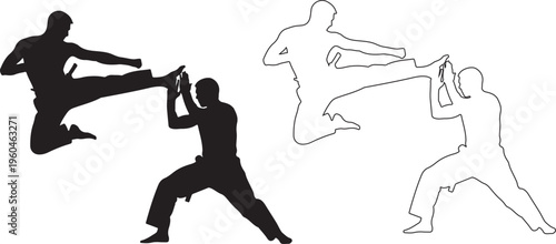 Martial arts, karate silhouettes, fighting stances, kickboxing illustrations, vector icons