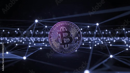 Bitcoin network nodes glow blue, coin central. Ideal for cryptocurrency articles, blockchain technology concepts, or financerelated digital designs and presentations.