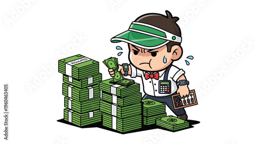 Stressed cartoon character meticulously counting large stacks of money, financial management and hard work illustration
