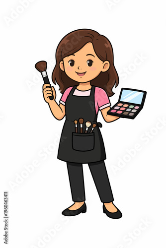 Professional Makeup Artist Cartoon Character Illustration Holding Eyeshadow Palette and Brush