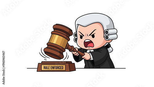 Furious Cartoon Judge Striking Gavel: Rule Enforced Illustration