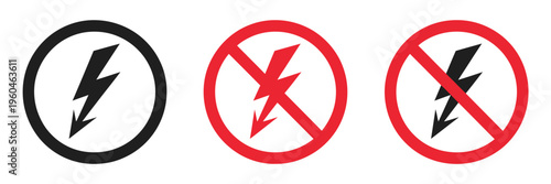Lightning and no lightning electricity sign vector icon set, flash and no-flash symbols, representing power on/off, electricity availability, blackout, power outage, and warning concept illustration.
