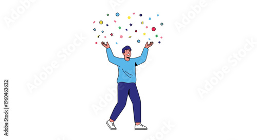 Man Celebrating Joyful Moment with Colorful Confetti and Geometric Shapes