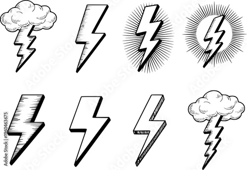 Collection of black and white lightning bolt and symbols with clouds and sunburst effects