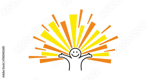 Happy smiling person with arms open, radiant sunshine behind, joy and optimism concept