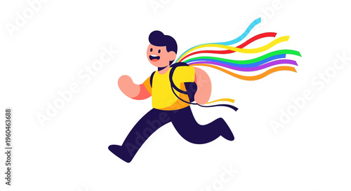 Joyful Person Running with Colorful Streamers