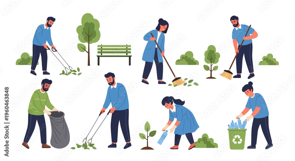Fototapeta premium People cleaning park, planting trees, recycling, environmental care, community service