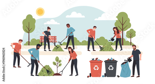 Community park cleanup: diverse volunteers work together to beautify nature space