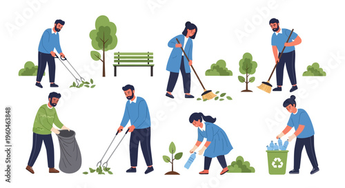 People cleaning park, planting trees, recycling, environmental care, community service