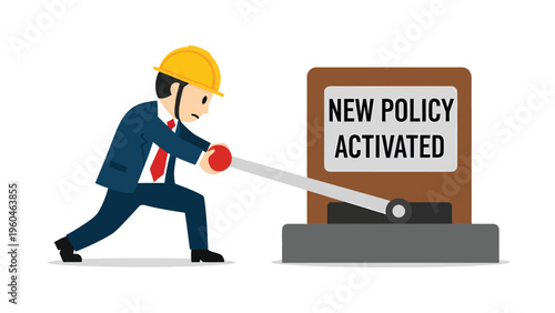 Businessman activating new policy lever, symbolizing implementation and change management in a corporate setting