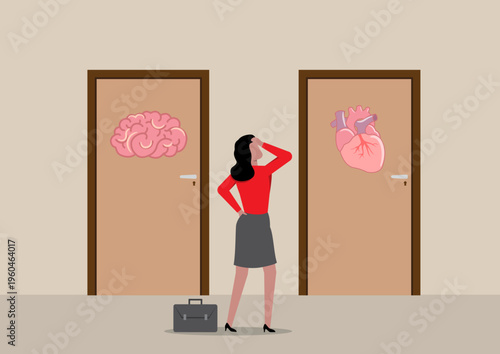 Confused Woman Standing Between Two Doors