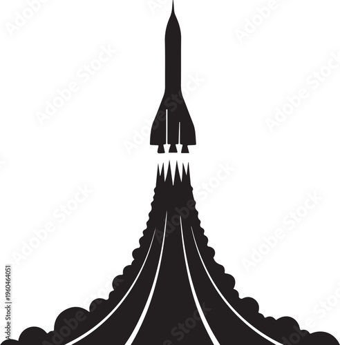 Rocket Launch, Spacecraft Blast Off, Black Silhouette, White Background, Vector Illustration