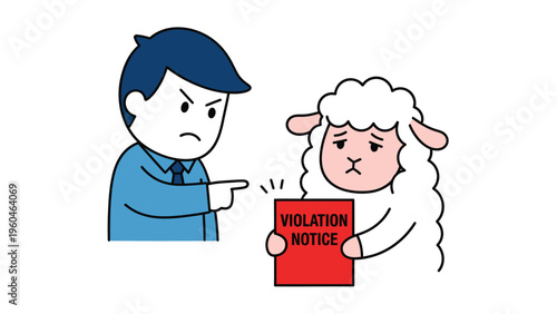 Angry manager scolding sad employee holding violation notice, rules and consequences concept
