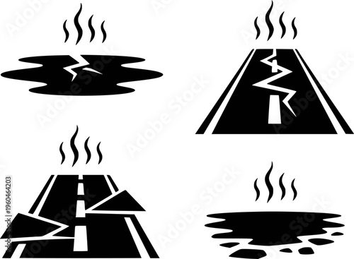 Cracked Road and Puddle Showing Heat Steam and Damage White Background