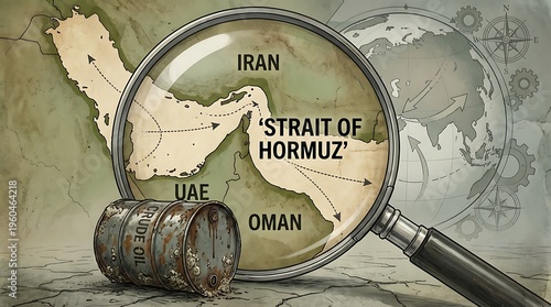 Crude oil strait of Hormuz map illustration magnifying glass on UAE Oman Iran showing global energy trade routes and strategic importance.