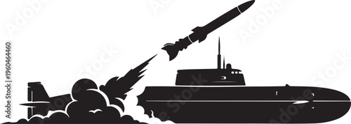 Military submarine launching missile, black silhouette vector, naval warfare icon, ocean defense symbol