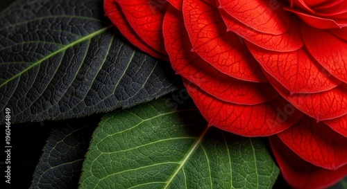 Vibrant red flower with green leaves.