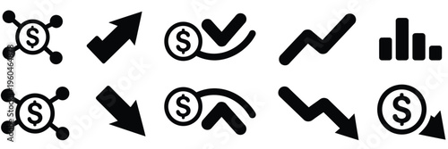 Financial money flow icon collection, featuring arrows with currency symbols, income and expense movement, investment growth, and economic transaction concept vector