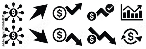 Money arrow finance icon set, representing cash flow, financial growth, investment return, and currency transfer, with up and down arrows vector