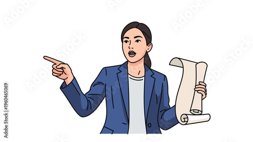 Assertive businesswoman pointing and speaking, holding a scroll document illustration