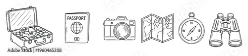 A comprehensive collection of travel essentials featuring a packed suitcase, passport, camera, map, compass, and binoculars, suitable for conveying vacation readiness and outdoor