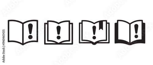 Set of Instruction Manual or Important Information Icons with Exclamation Marks in Outline Style on White Background.